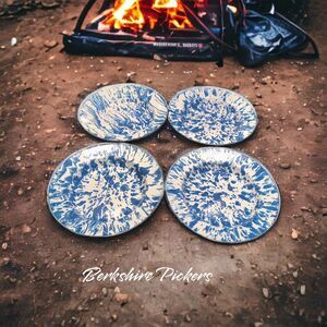 Granitware Blue White Swirl Enamelware Metal Dinner Plate‎ 10.25"  4